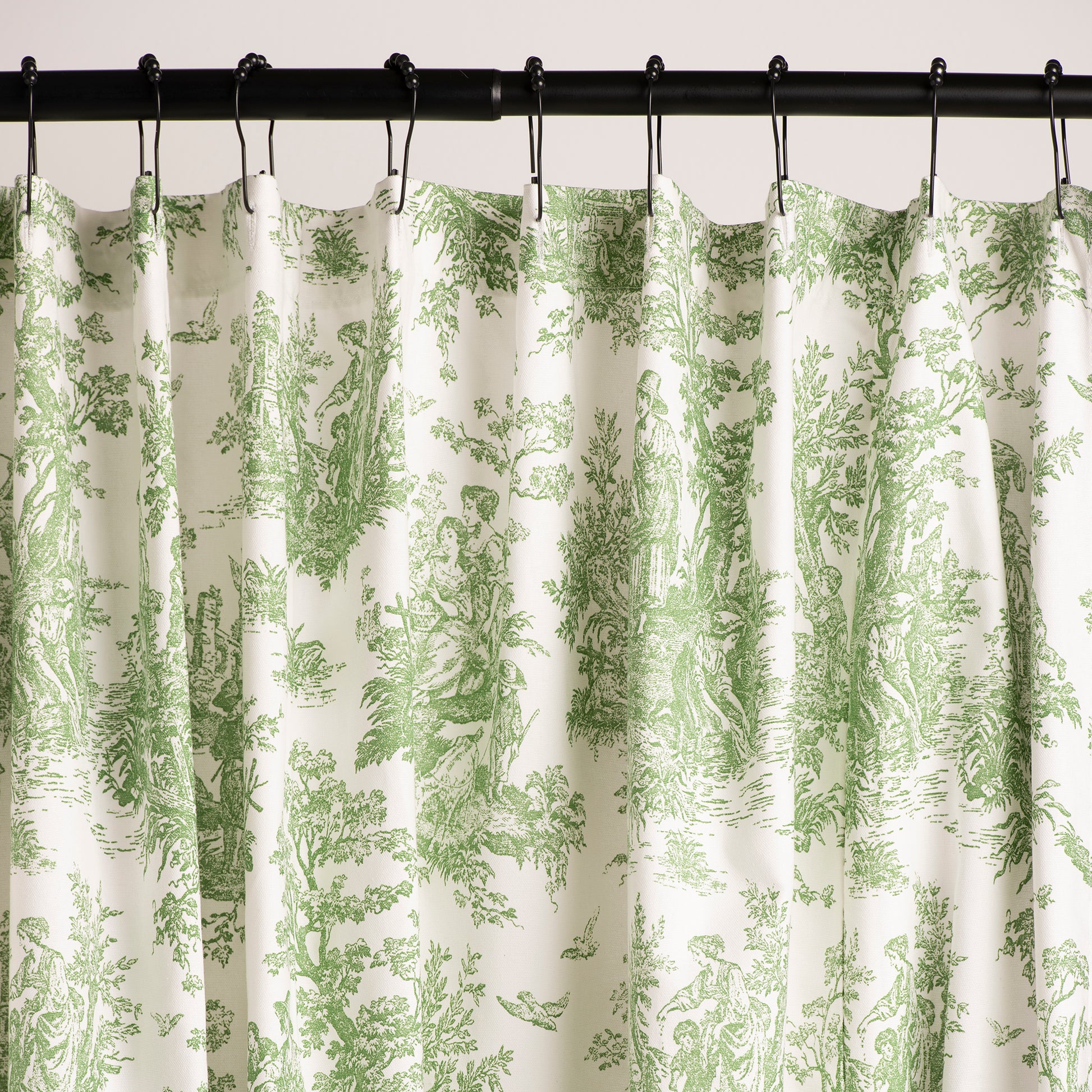 toile shower curtain in green toile