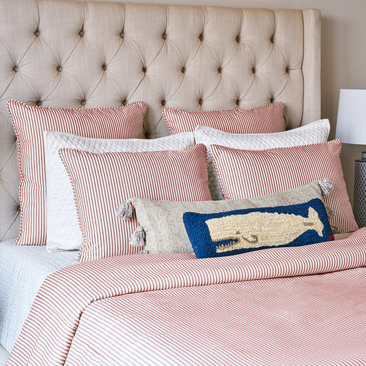 Red Ticking Stripe Bedding Set on Linen Bed