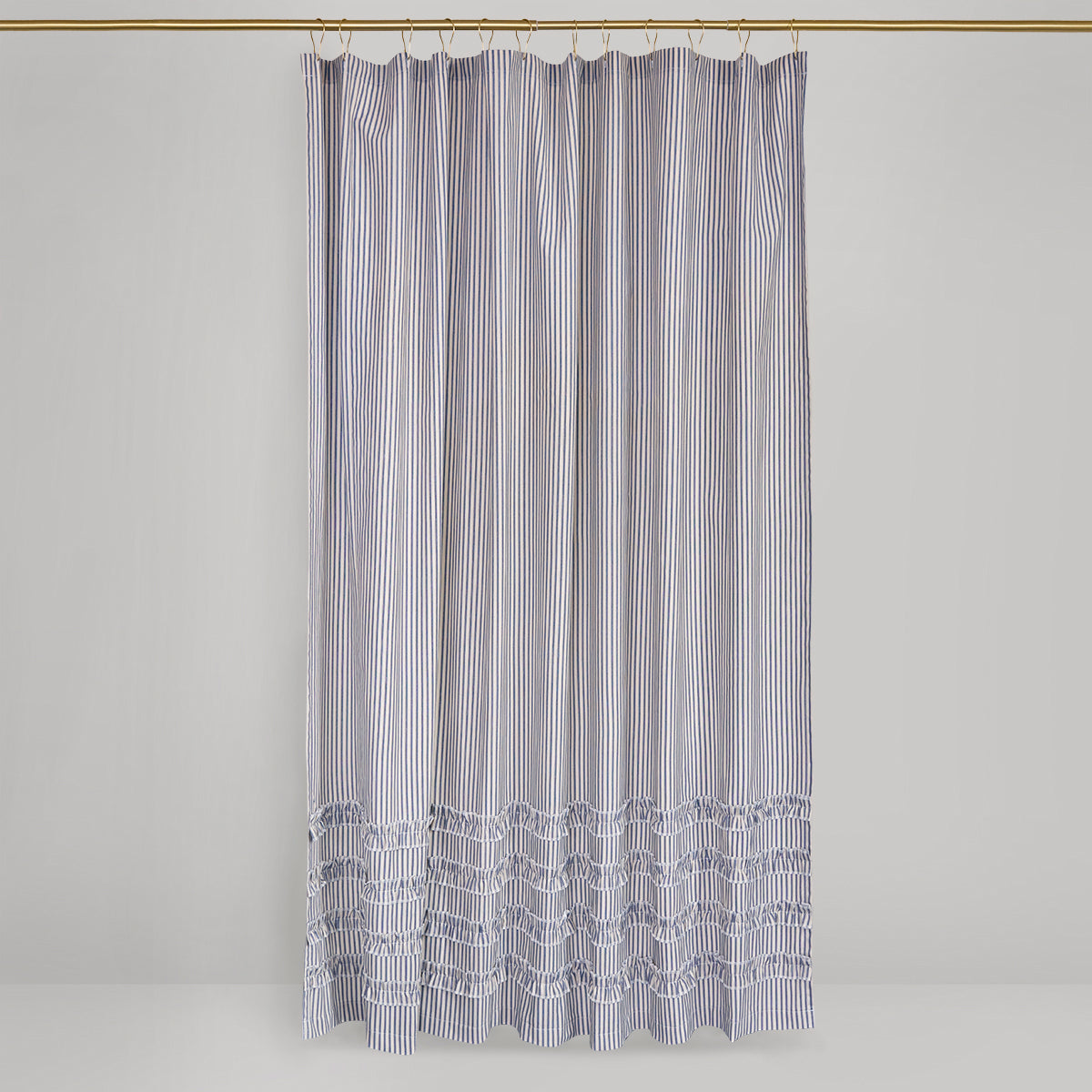 Ruffled Ticking Stripe Shower Curtain Navy Blue