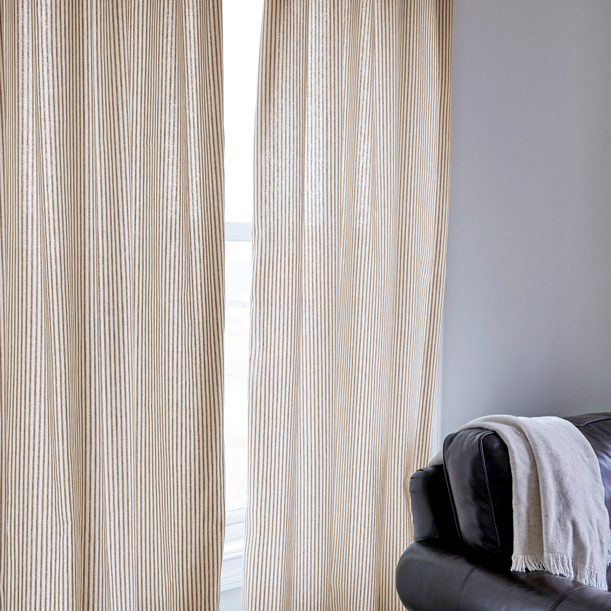 Brown Ticking Stripe Curtain Panels Shown In Room