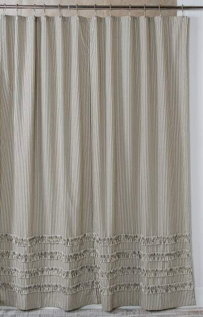 Ruffled Ticking Stripe Shower Curtain Black