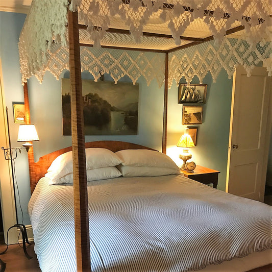 Navy Ticking Stripe Duvet Cover with Four Poster Bed