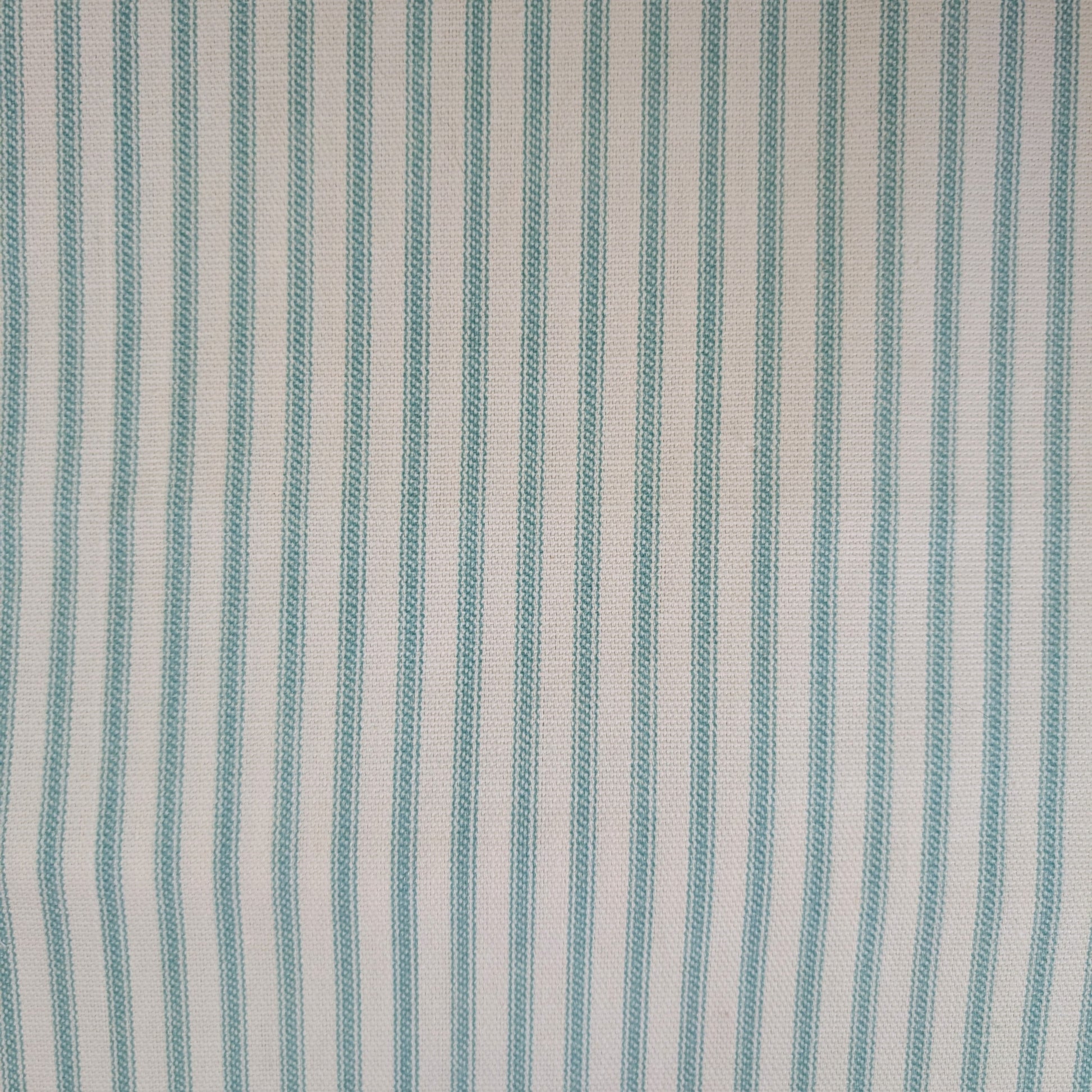 Aqua and Cream Ticking Stripe Bedding Fabric Close up 