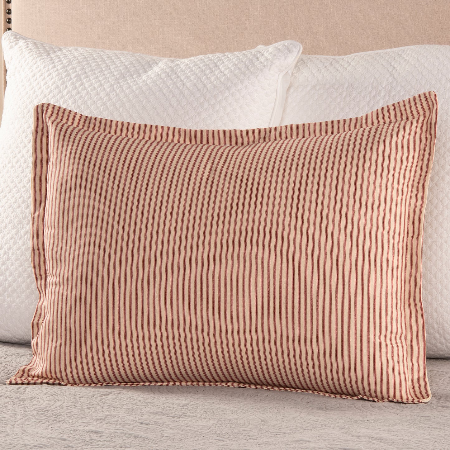 Ticking Stripe Pillow Sham Red Standard Size Flange Style