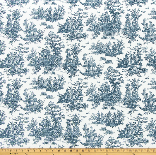 navy and white toile fabric by the yard detail image