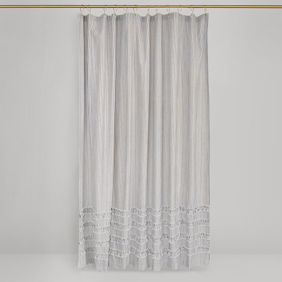 Ruffled Ticking Stripe Shower Curtain | Gray, Black, Navy Blue, Brown, Red