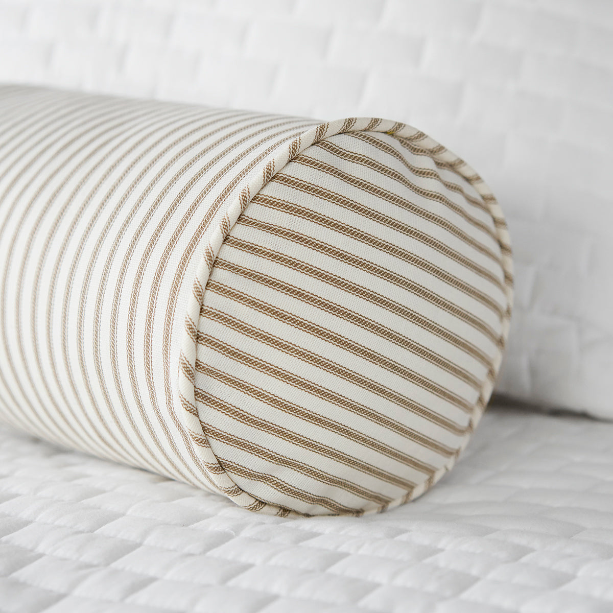 Brown Ticking Stripe Bolster Pillow Detail