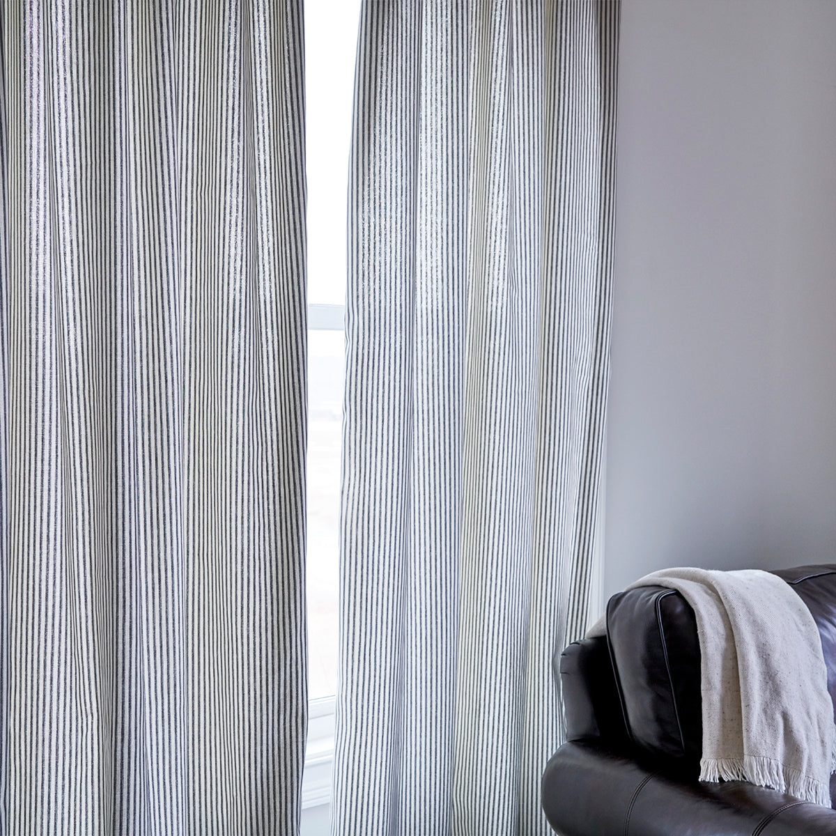 Black Ticking Stripe Curtain Panels In Room