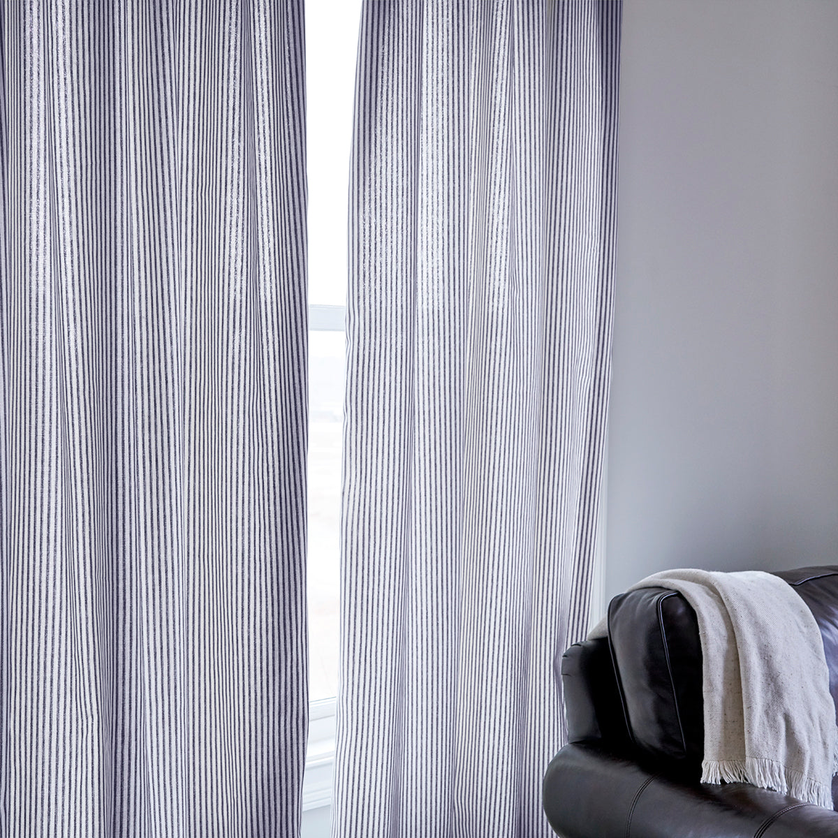 Blue Ticking Stripe Curtain Panel In Room