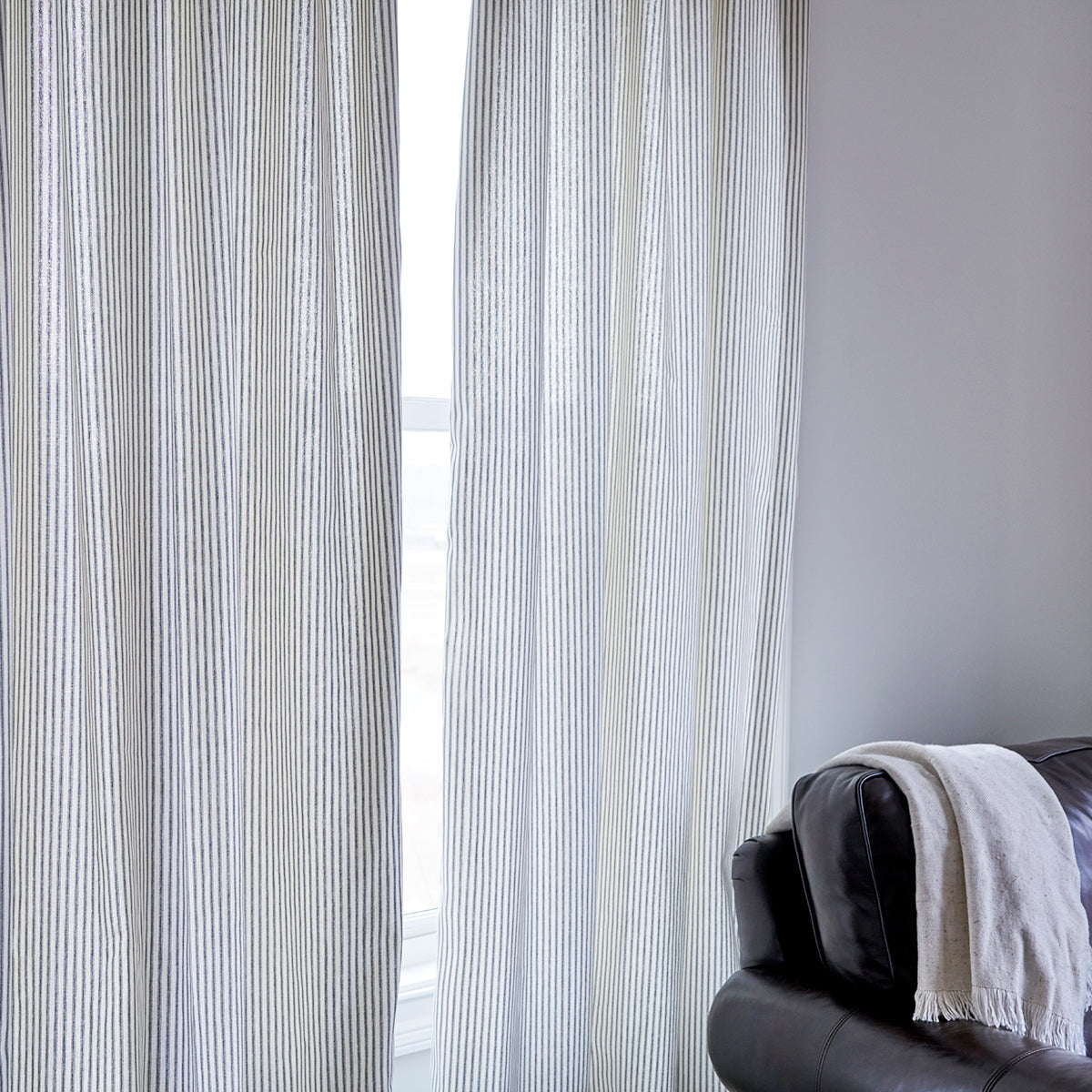 Gray Ticking Stripe Curtain Panel In Room