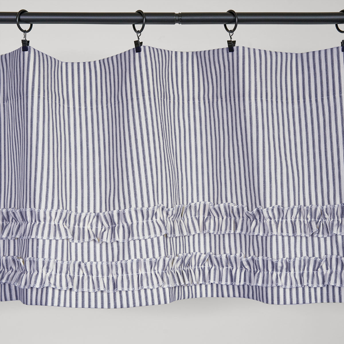 Ticking Stripe Valance Blue With Ruffles